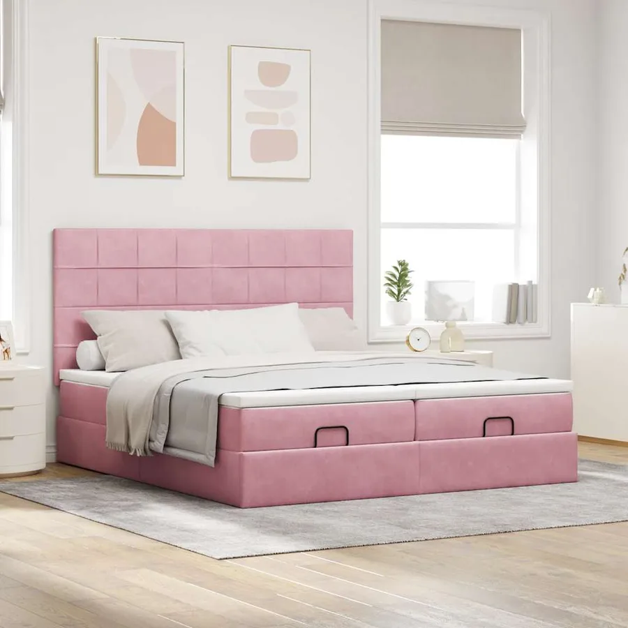 Cadre de lit ottoman avec matelas rose 160x200 cm velours - 3