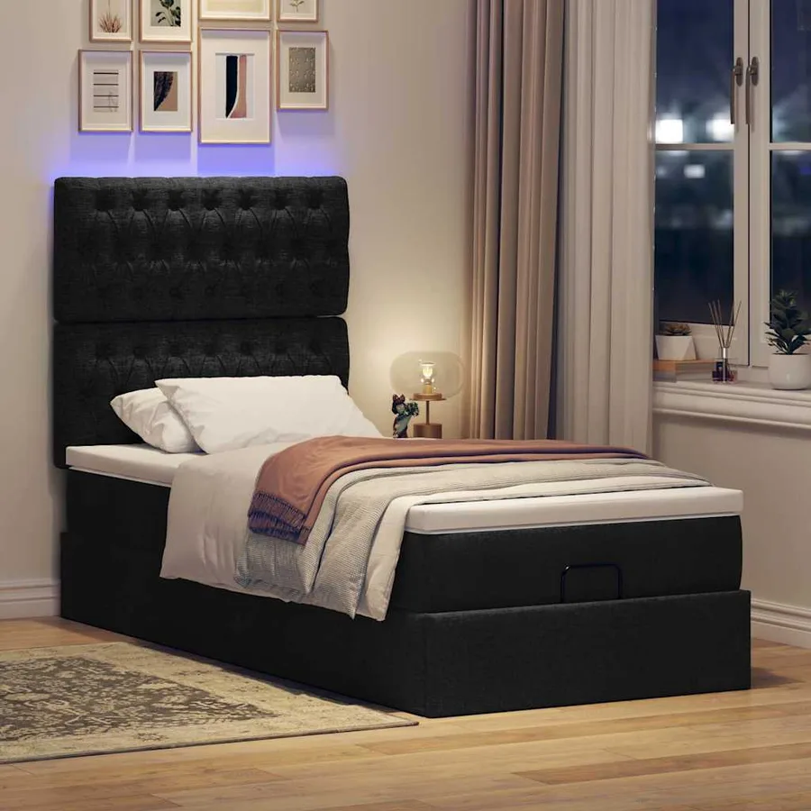 Lit ottoman avec matelas et LED noir 80x200cm tissu - 3