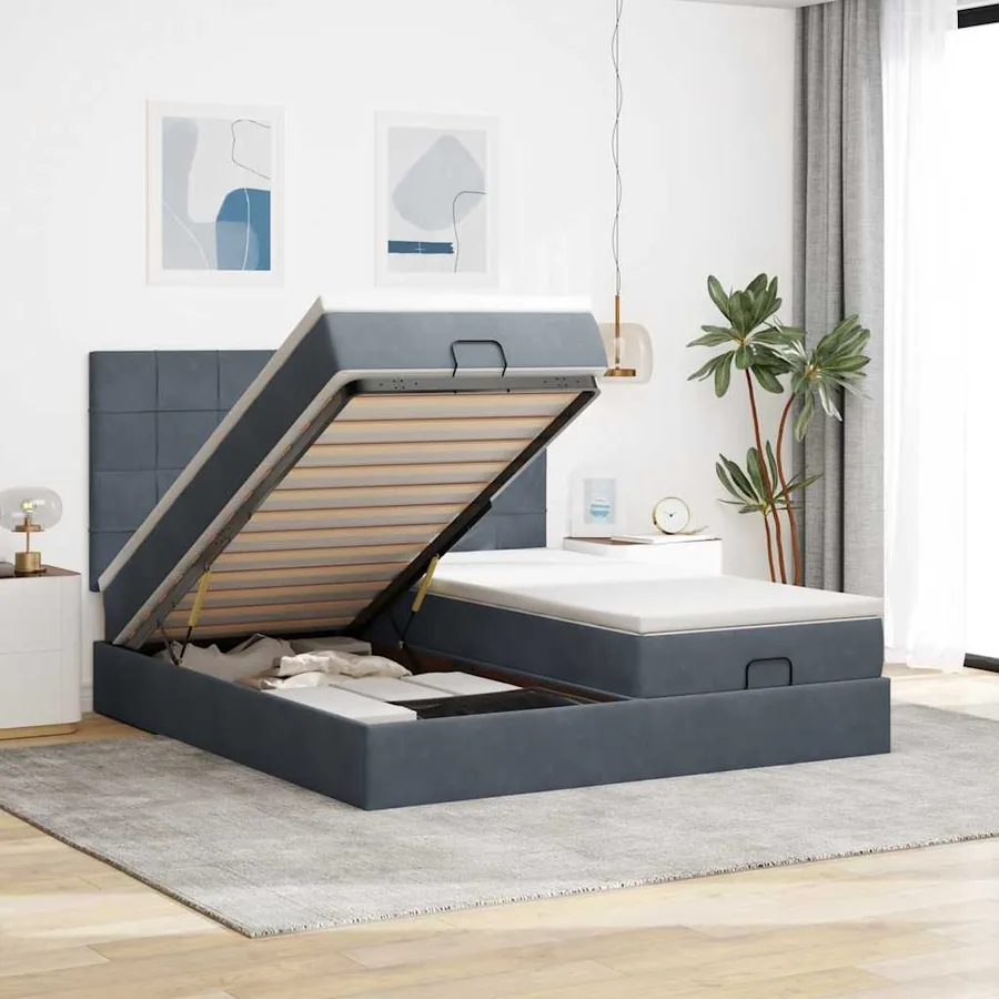 Cadre de lit ottoman avec matelas gris foncé 180x200cm velours