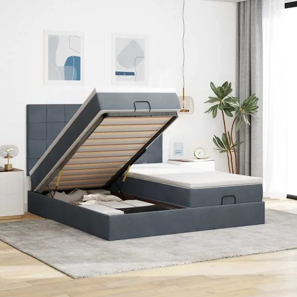 Cadre de lit ottoman avec matelas gris foncé 180x200cm velours