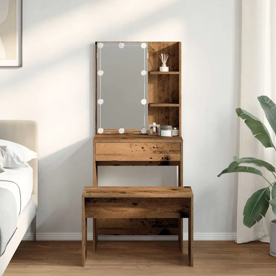 Ensemble de coiffeuse avec LED vieux bois bois d'ingénierie - 3