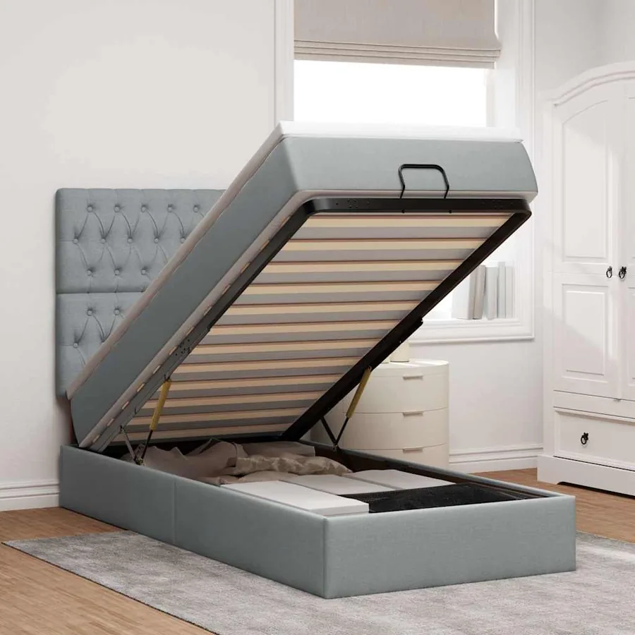 Lit ottoman avec matelas et LED Gris clair 80x200cm tissu
