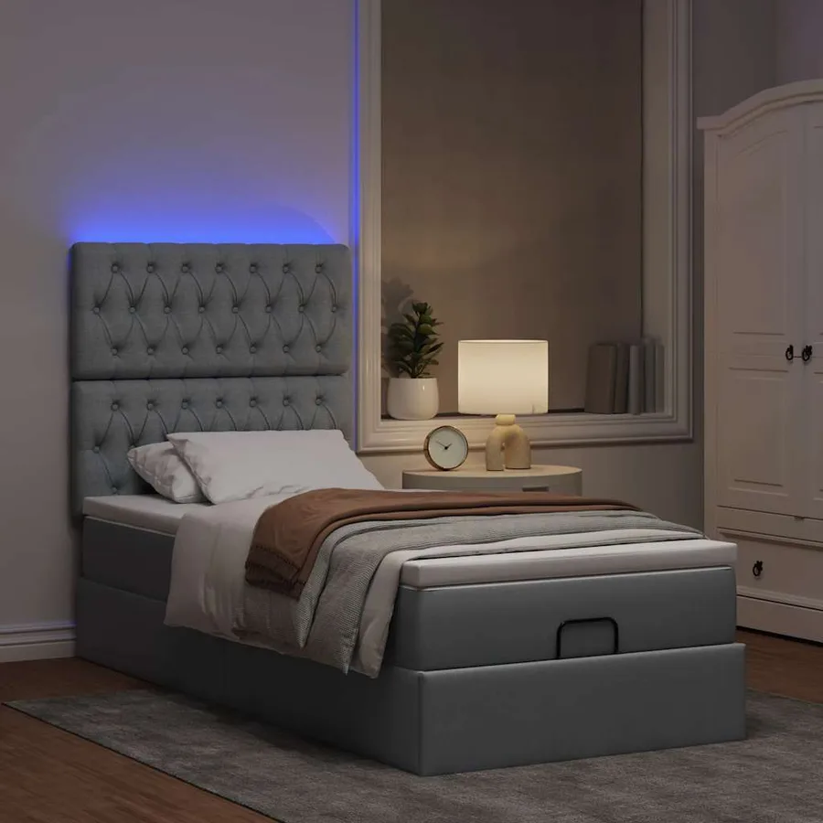 Lit ottoman avec matelas et LED Gris clair 80x200cm tissu - 3