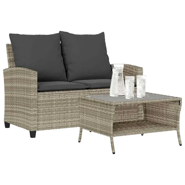 Canapé de jardin 2places coussins et table gris clair polyrotin