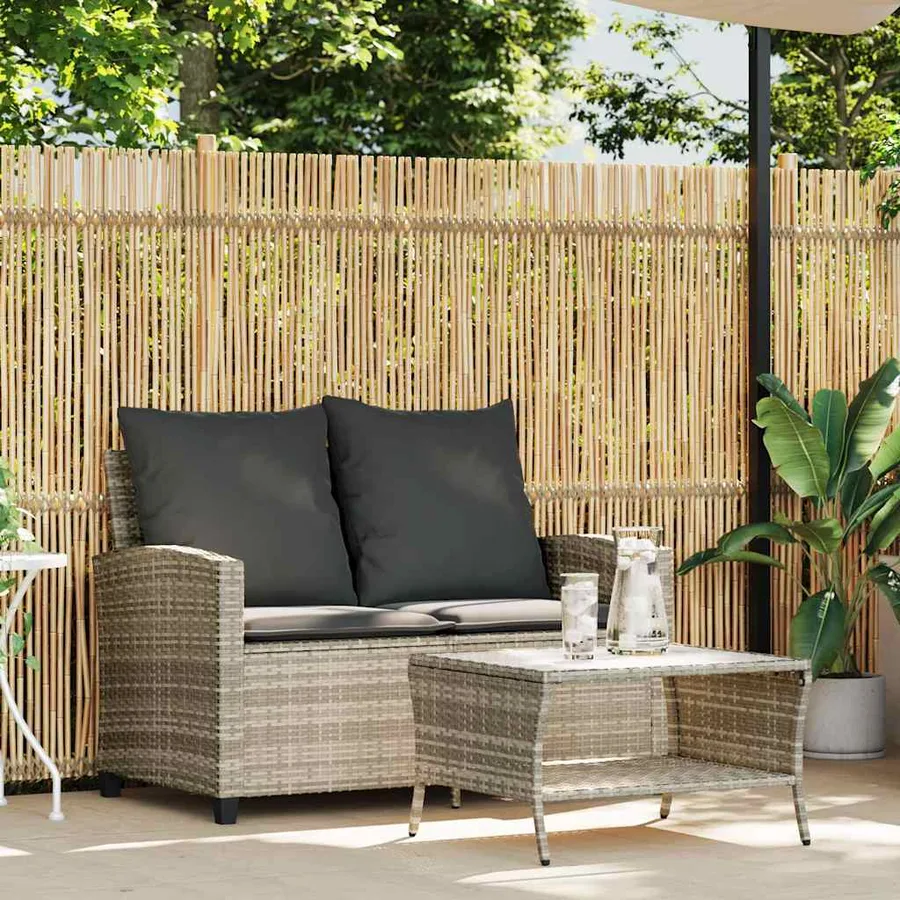 Canapé de jardin 2places coussins et table gris clair polyrotin - 3