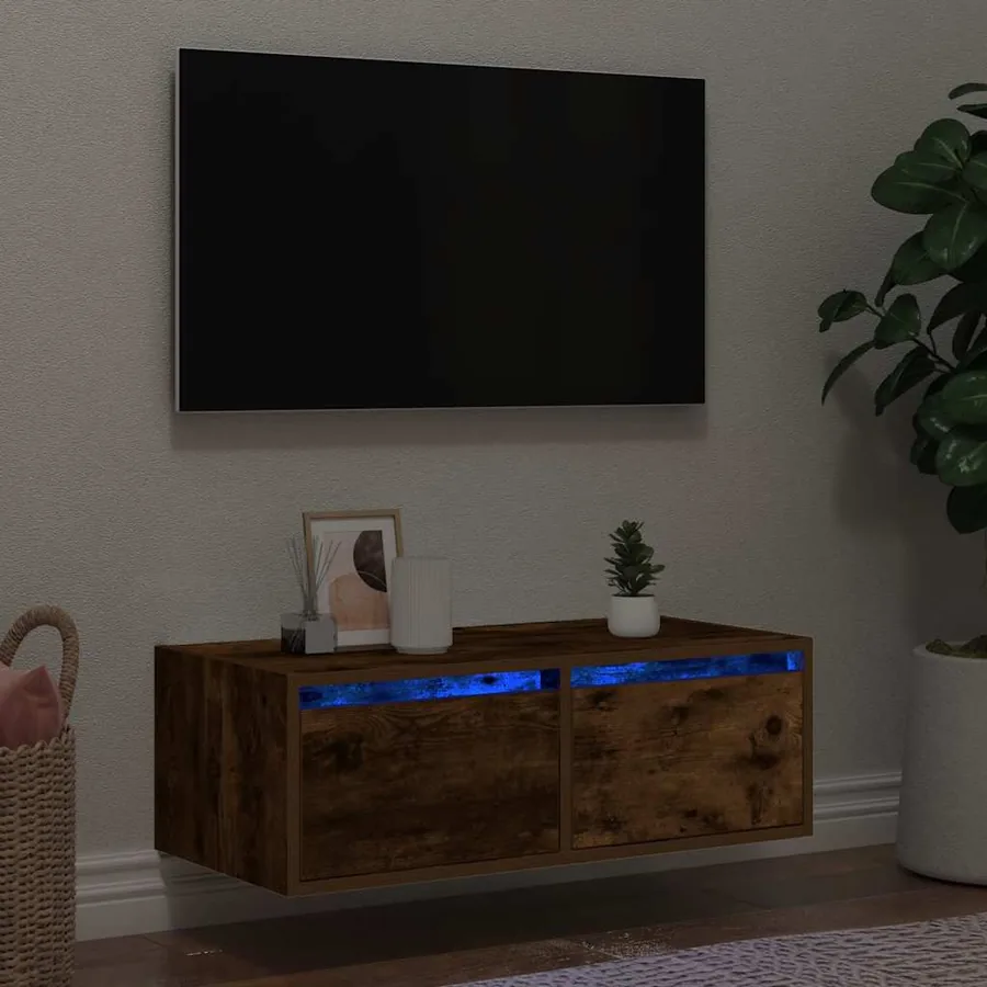 Meuble TV avec lumières LED chêne fumé 75x35,5x25 cm