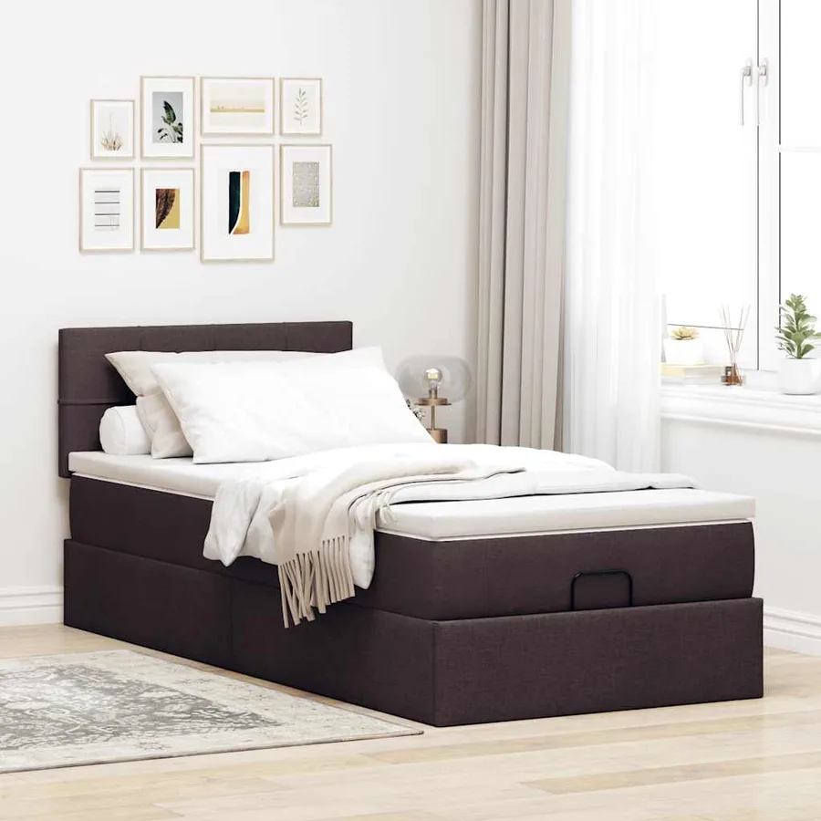 Cadre de lit ottoman avec matelas marron foncé 90x190 cm tissu - 3