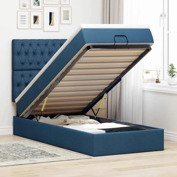 Cadre de lit ottoman avec matelas bleu 90x190 cm tissu