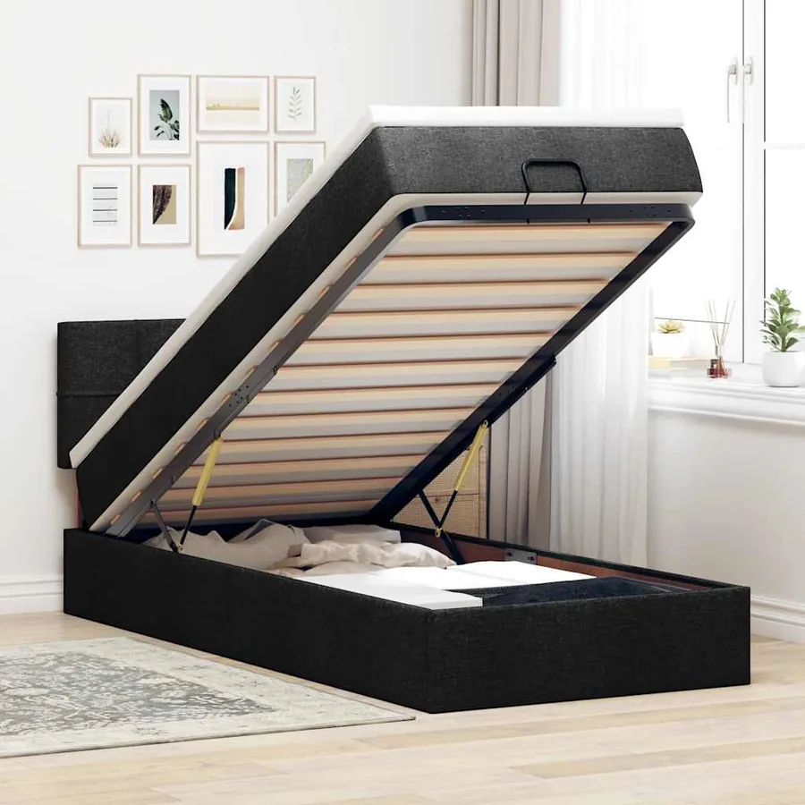 Cadre de lit ottoman avec matelas noir 90x190 cm tissu