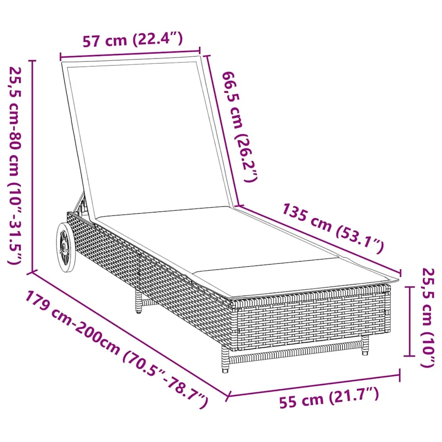 Chaise longue avec roues et coussin beige résine tressée - 11
