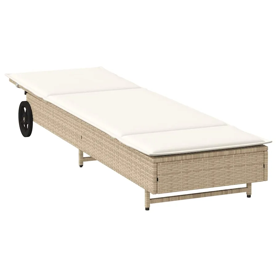 Chaise longue avec roues et coussin beige résine tressée - 4