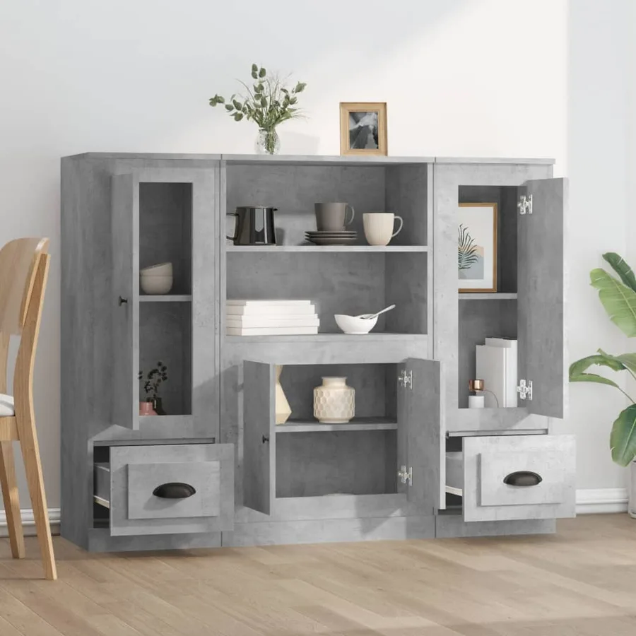 Buffets 3 pcs gris béton bois d'ingénierie - 3