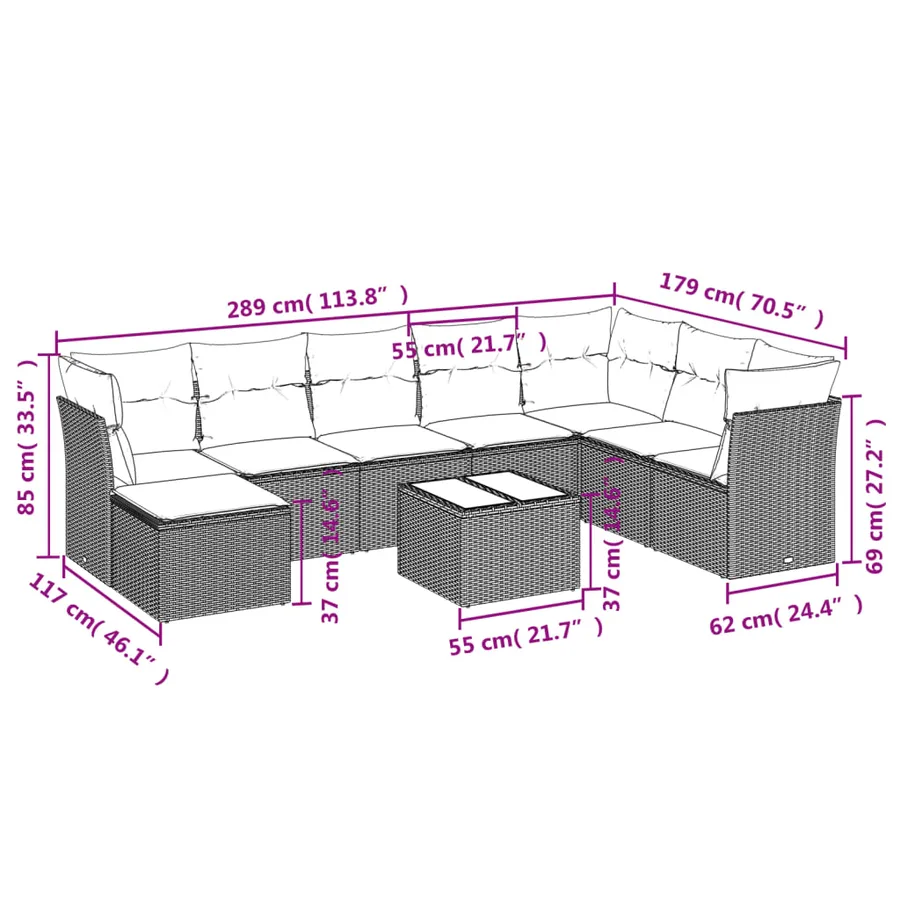 Salon de jardin avec coussins 9 pcs marron résine tressée - 8