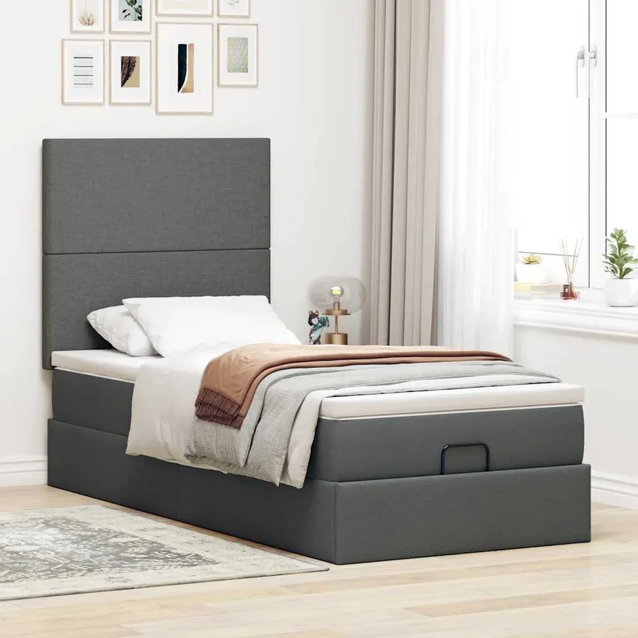 Cadre de lit ottoman avec matelas gris foncé 90x190 cm tissu - 3