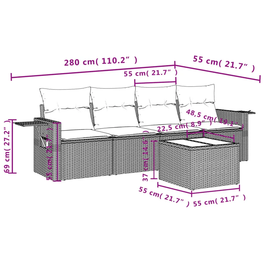 Salon de jardin avec coussins 5 pcs marron résine tressée - 8
