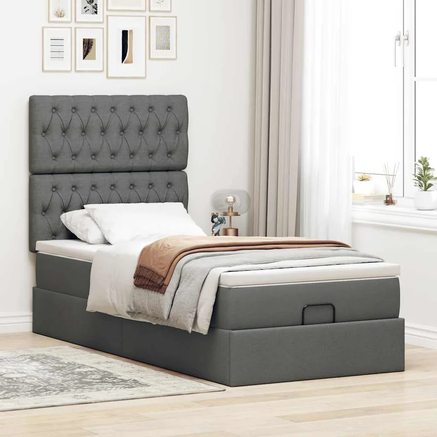 Cadre de lit ottoman avec matelas gris foncé 90x190 cm tissu - 3