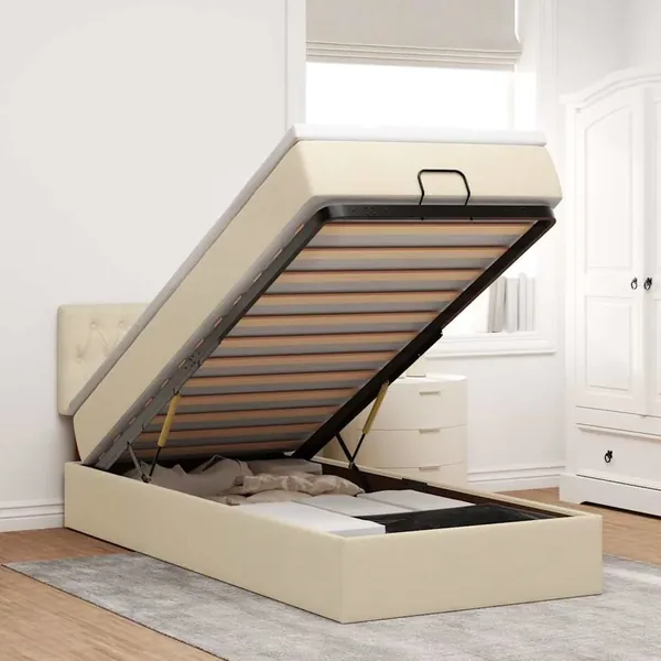Cadre de lit ottoman avec matelas crème 90x190 cm tissu