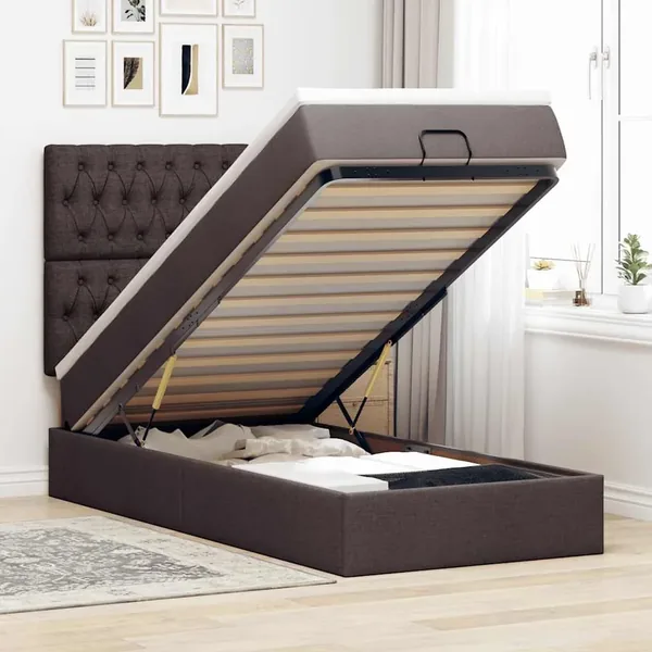 Cadre de lit ottoman avec matelas marron foncé 80x200 cm tissu