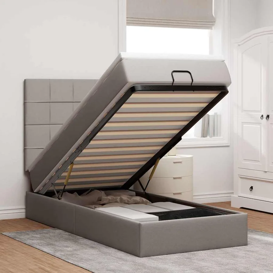 Cadre de lit ottoman avec matelas taupe 90x190 cm tissu