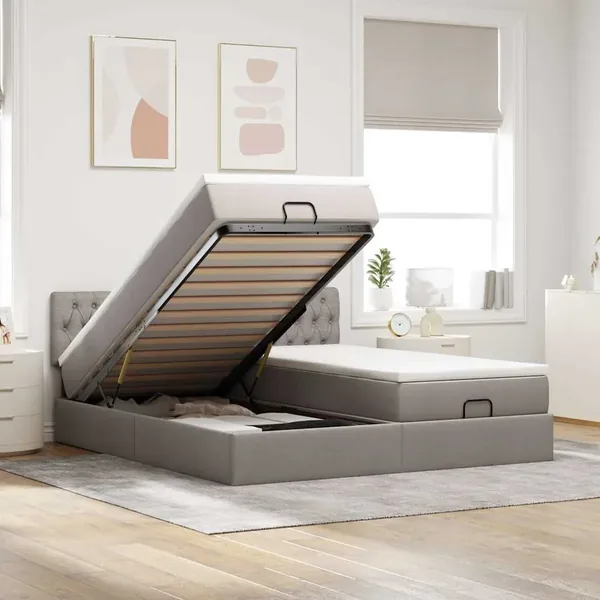Cadre de lit ottoman avec matelas taupe 160x200 cm tissu