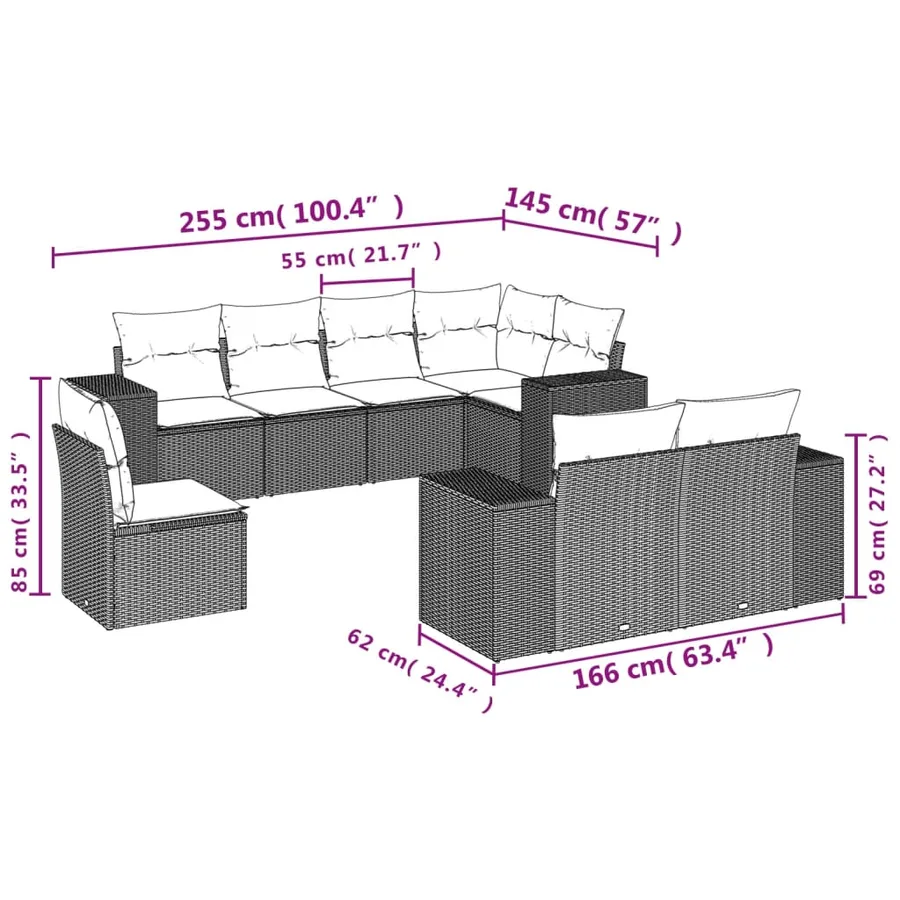 Salon de jardin 8 pcs avec coussins marron résine tressée - 7
