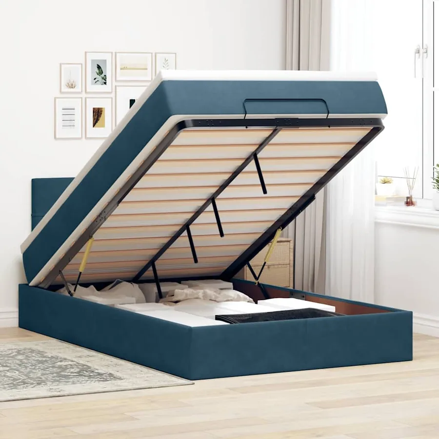 Cadre de lit ottoman avec matelas bleu foncé 120x200 cm velours