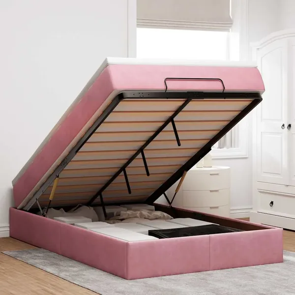 Cadre de lit ottoman avec matelas rose 120x200 cm velours