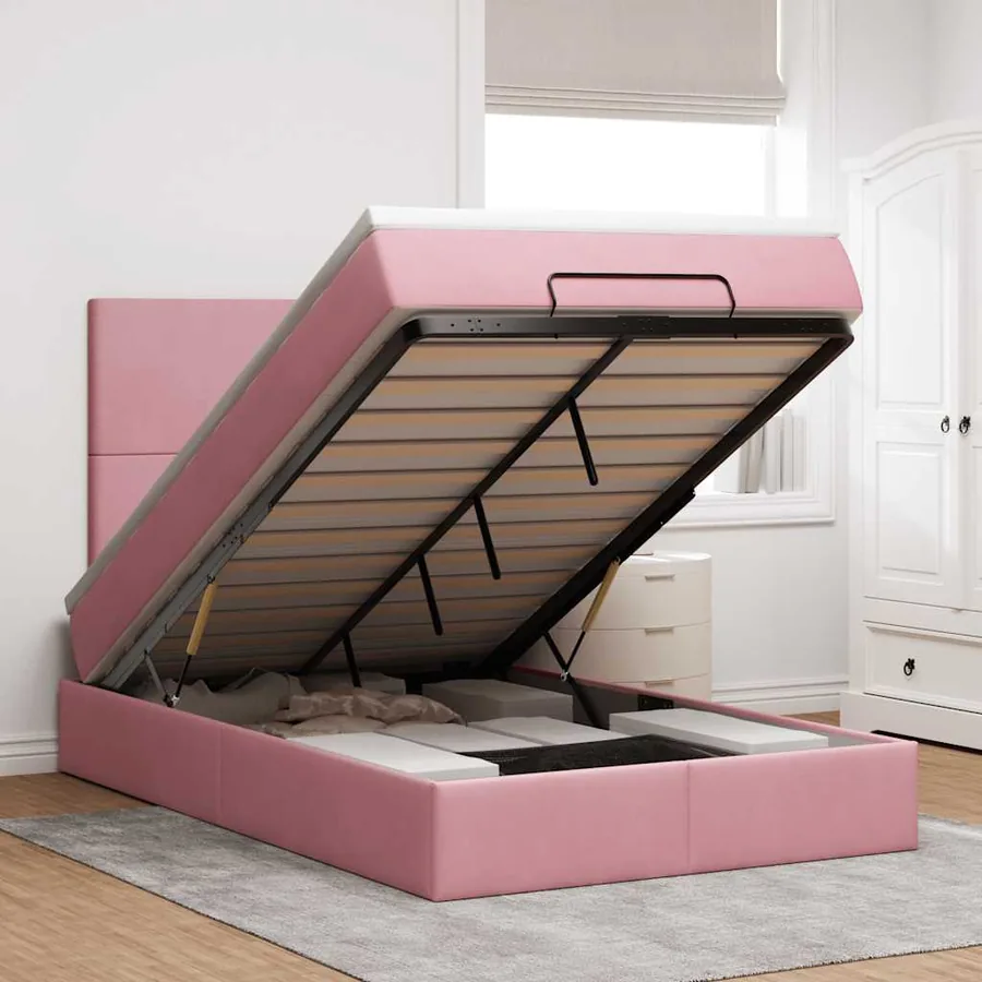Cadre de lit ottoman avec matelas rose 120x200 cm velours
