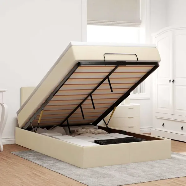 Lit ottoman avec matelas et LED crème 120x190 cm tissu