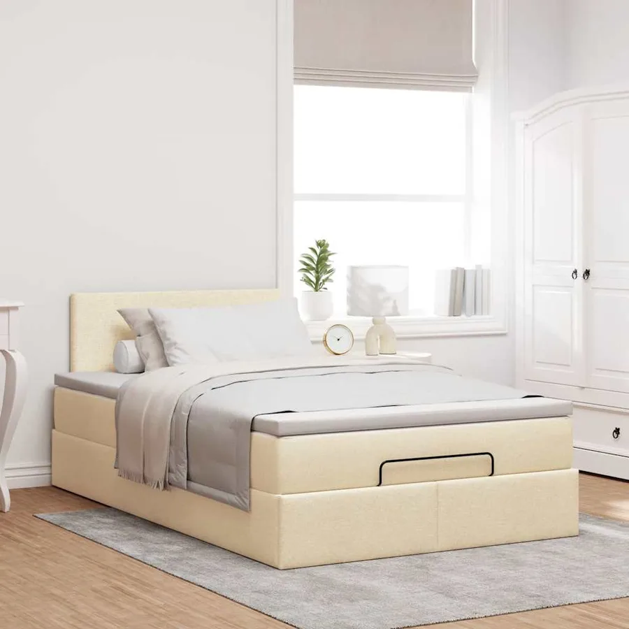 Lit ottoman avec matelas et LED crème 120x190 cm tissu - 4