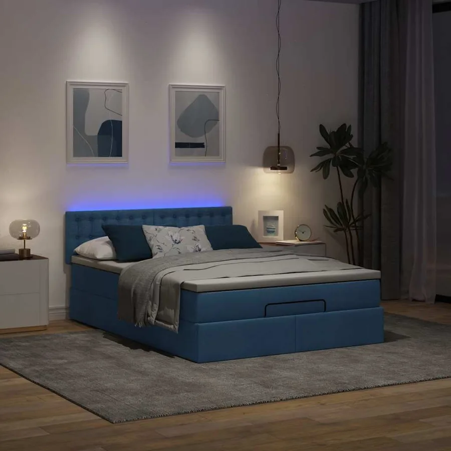 Cadre de lit ottoman avec matelas bleu 140x200 cm tissu - 3