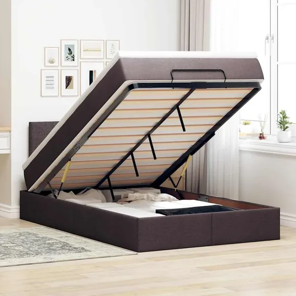 Cadre de lit ottoman avec matelas marron foncé 120x190 cm tissu
