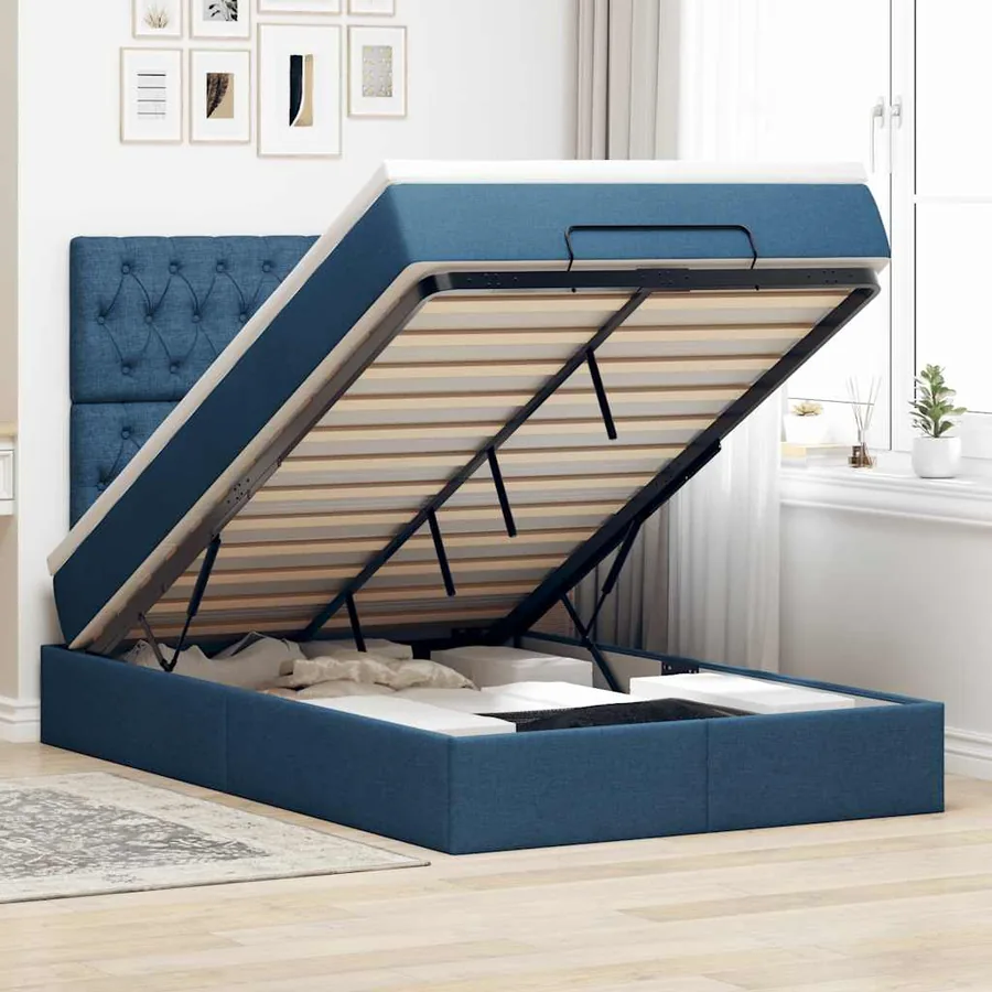 Cadre de lit ottoman avec matelas bleu 120x190 cm tissu
