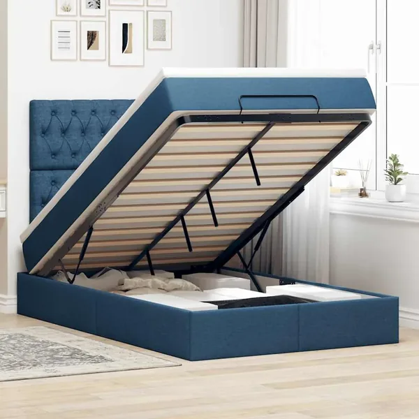 Cadre de lit ottoman avec matelas bleu 120x190 cm tissu