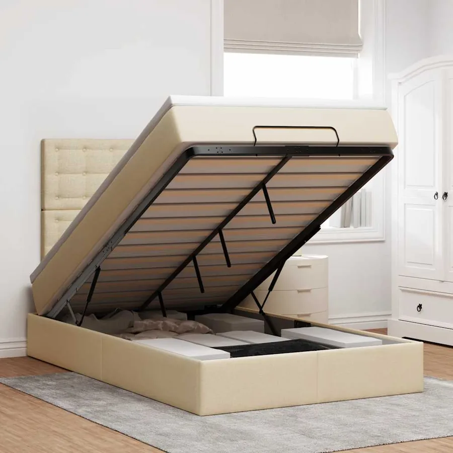 Cadre de lit ottoman avec matelas crème 120x190 cm tissu