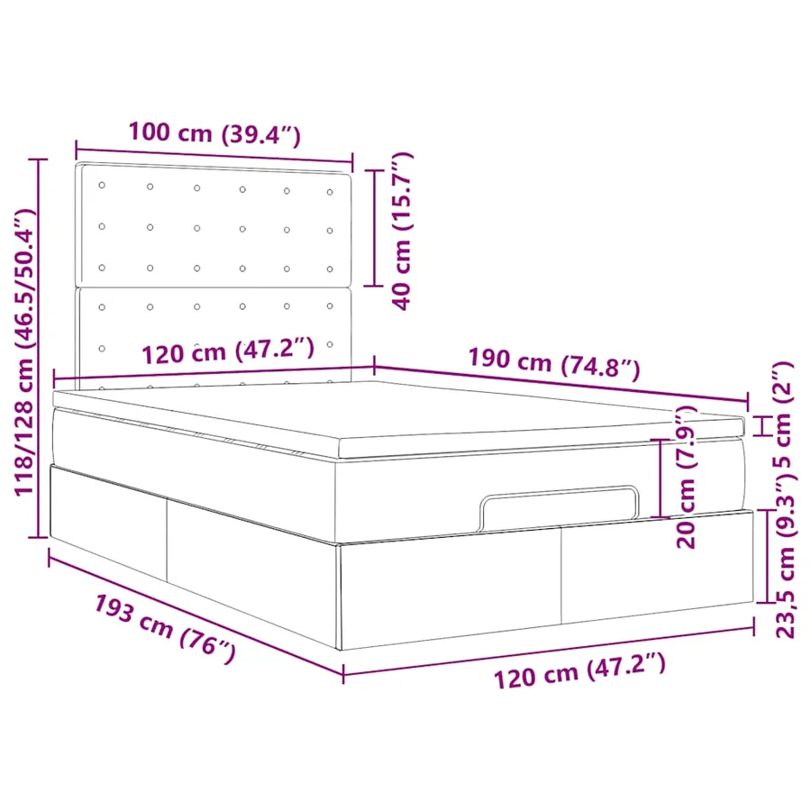 Cadre de lit ottoman avec matelas crème 120x190 cm tissu - 18