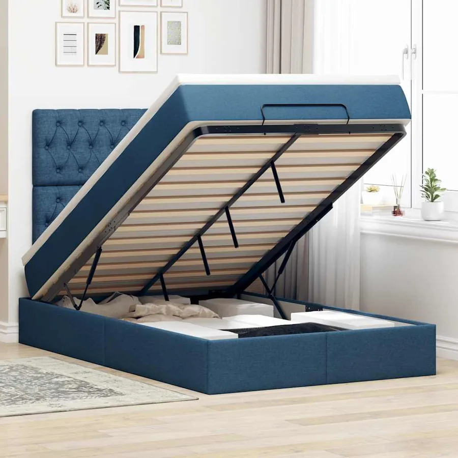 Cadre de lit ottoman avec matelas bleu 120x190 cm tissu