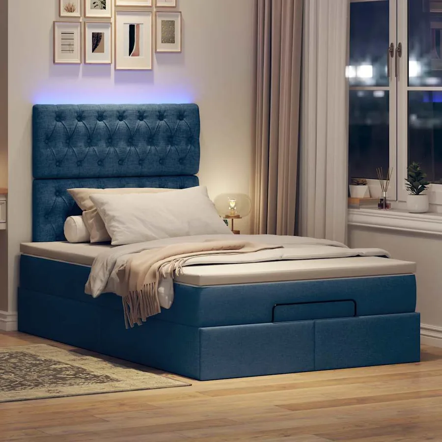 Cadre de lit ottoman avec matelas bleu 120x190 cm tissu - 3