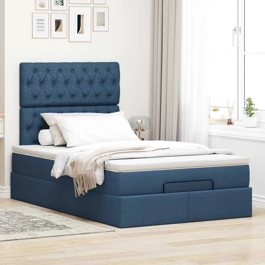 Cadre de lit ottoman avec matelas bleu 120x190 cm tissu - 4