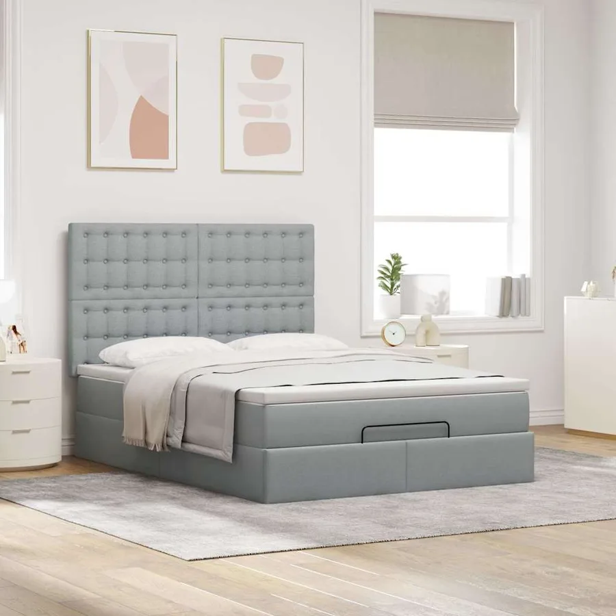Cadre de lit ottoman et matelas gris clair 140x200 cm tissu - 4