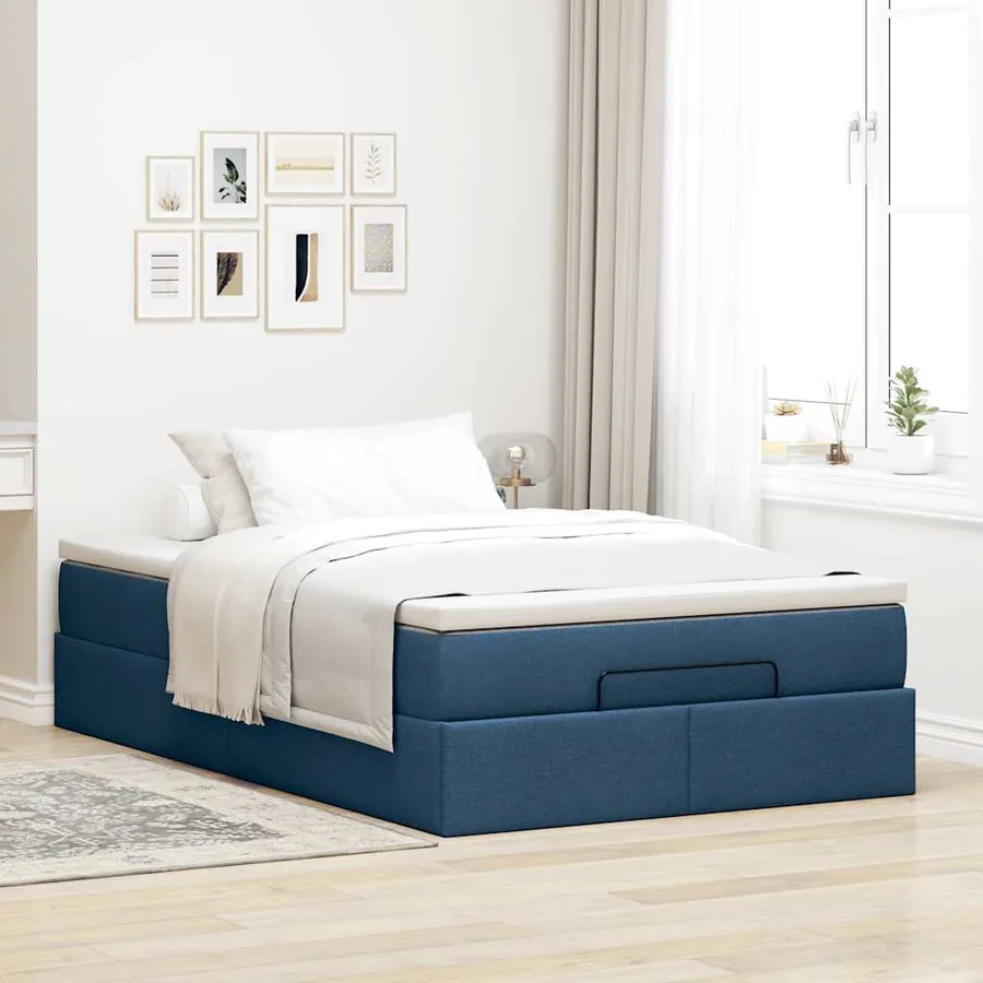 Cadre de lit ottoman avec matelas bleu 120x190 cm tissu - 3