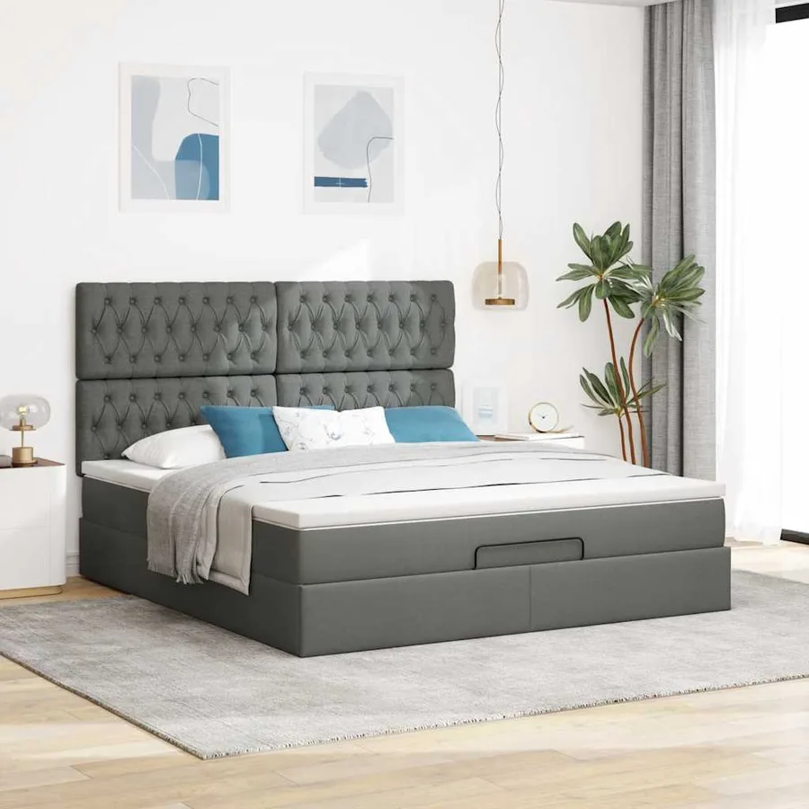 Cadre de lit ottoman avec matelas gris foncé 160x200cm tissu - 4