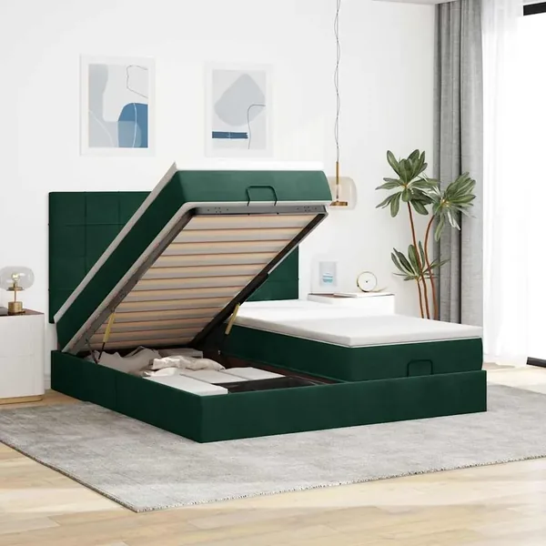 Cadre de lit ottoman avec matelas vert foncé 160x200 cm velours