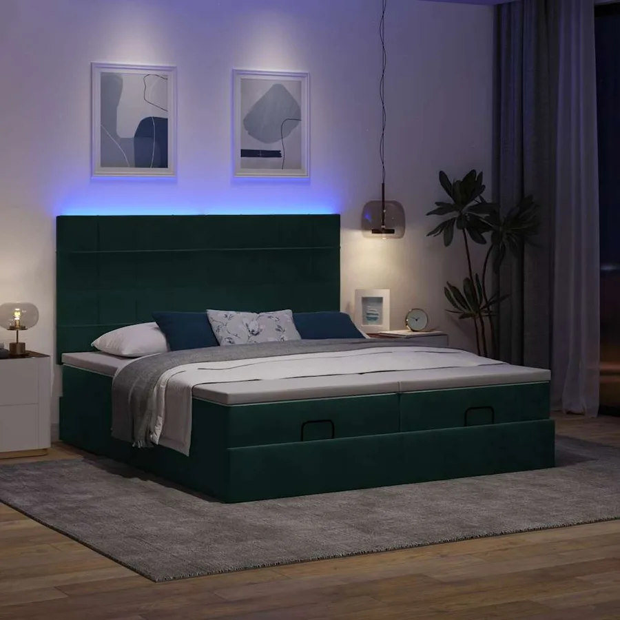 Cadre de lit ottoman avec matelas vert foncé 160x200 cm velours - 3
