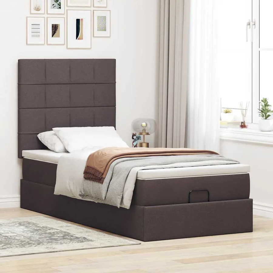 Cadre de lit ottoman avec matelas marron foncé 100x200 cm tissu - 4