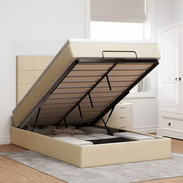 Cadre de lit ottoman avec matelas crème 120x190 cm tissu