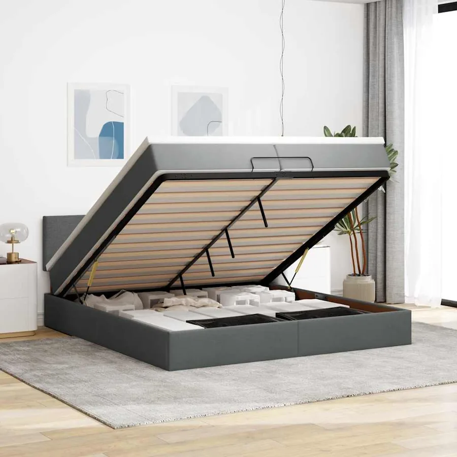 Cadre de lit ottoman avec matelas gris foncé 200x200cm tissu