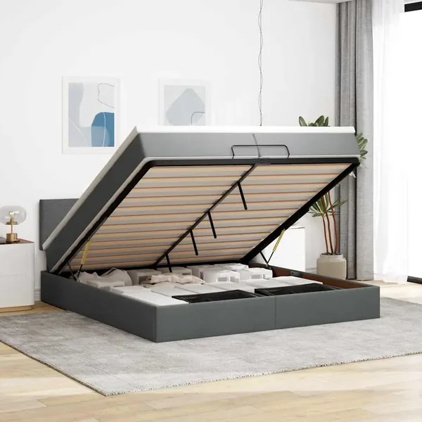 Cadre de lit ottoman avec matelas gris foncé 200x200cm tissu