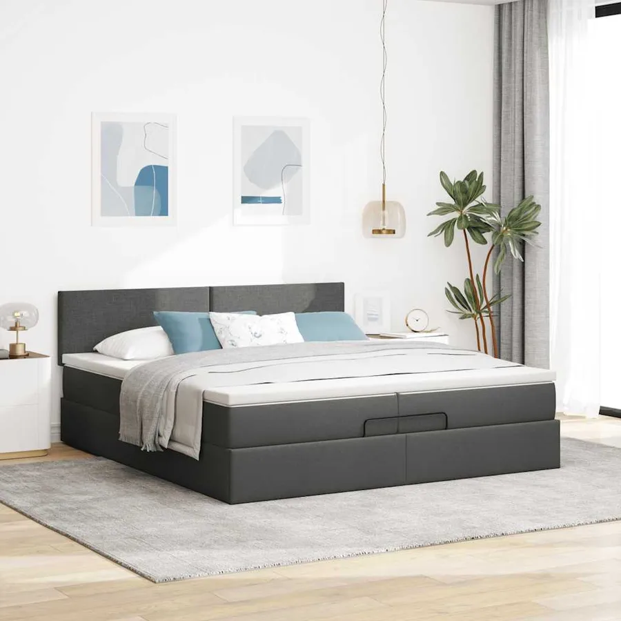 Cadre de lit ottoman avec matelas gris foncé 200x200cm tissu - 4