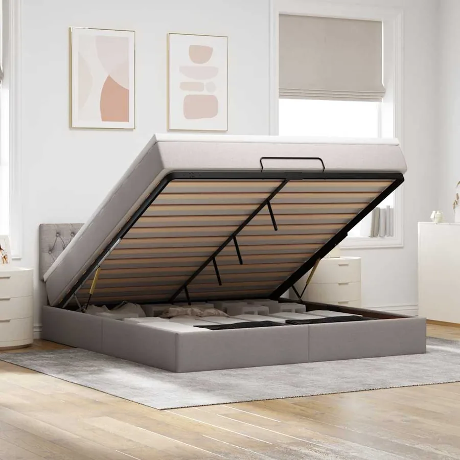 Cadre de lit ottoman avec matelas taupe 160x200 cm tissu